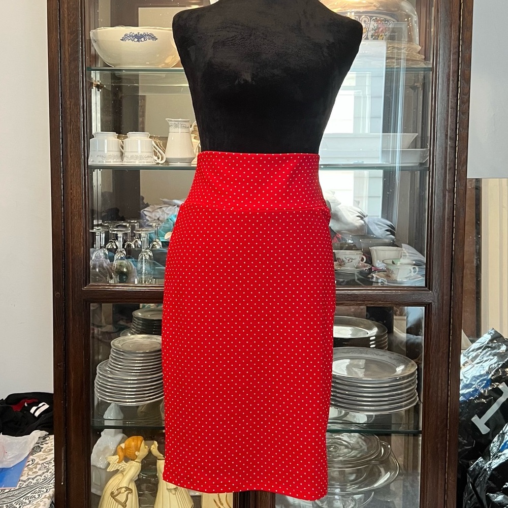 LuLaRoe Red Midi Skirt with White Dots